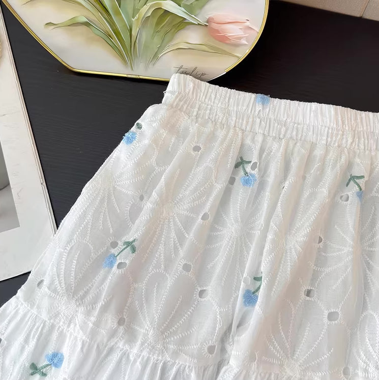 Flower Punch Midi Skirt (White/Blue)