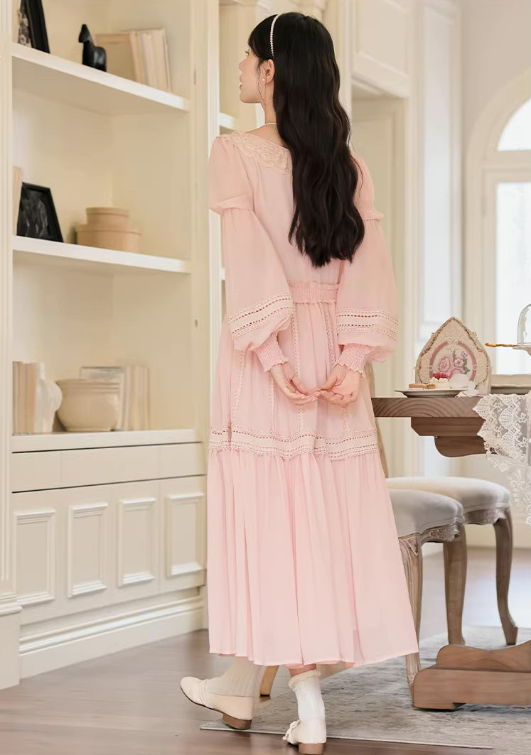 Eyelet Lace Tiered Midi Dress (Pink)