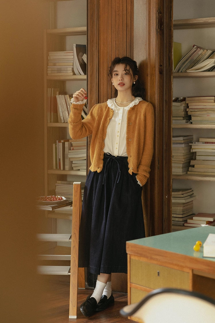 Round Neck Knitted Cardigan (Pumpkin Mustard)