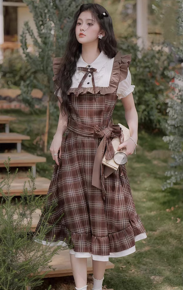 Hazel Plaid Flutter Twofer Midi Dress (Brown)