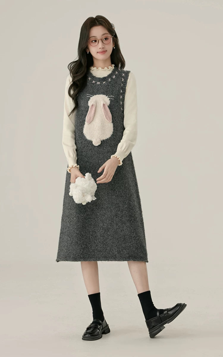 Bunny Tail Sleeveless Sweater Dress (Gray)