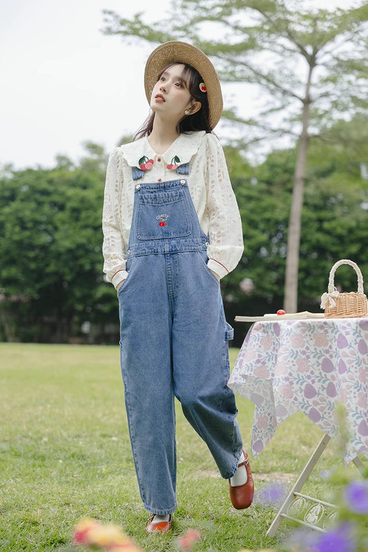 Cherry Denim Overalls (Medium Blue)