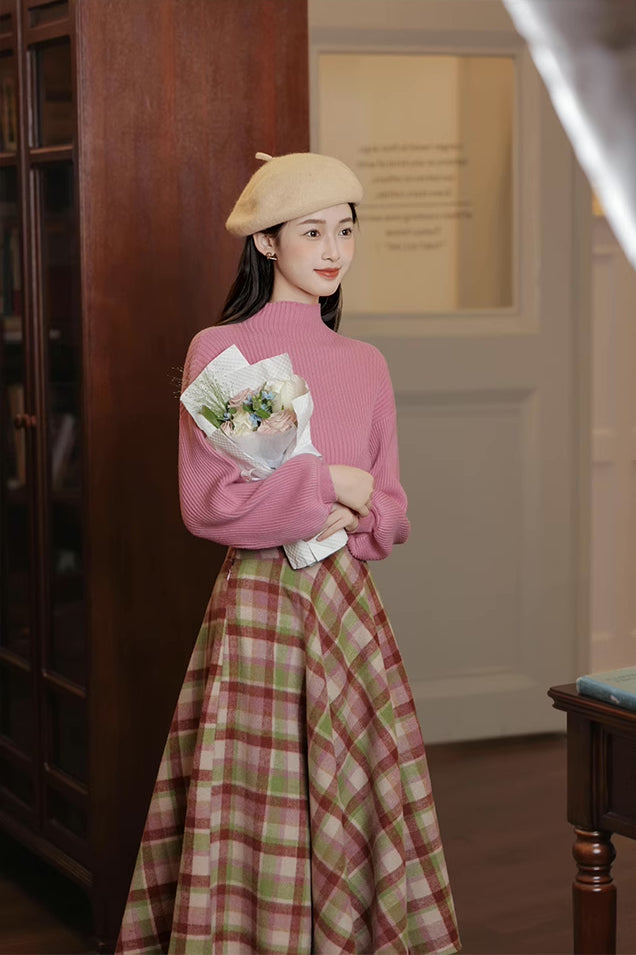 Strawberry Matcha Sweater & Midi Skirt Set (Pink/Green)