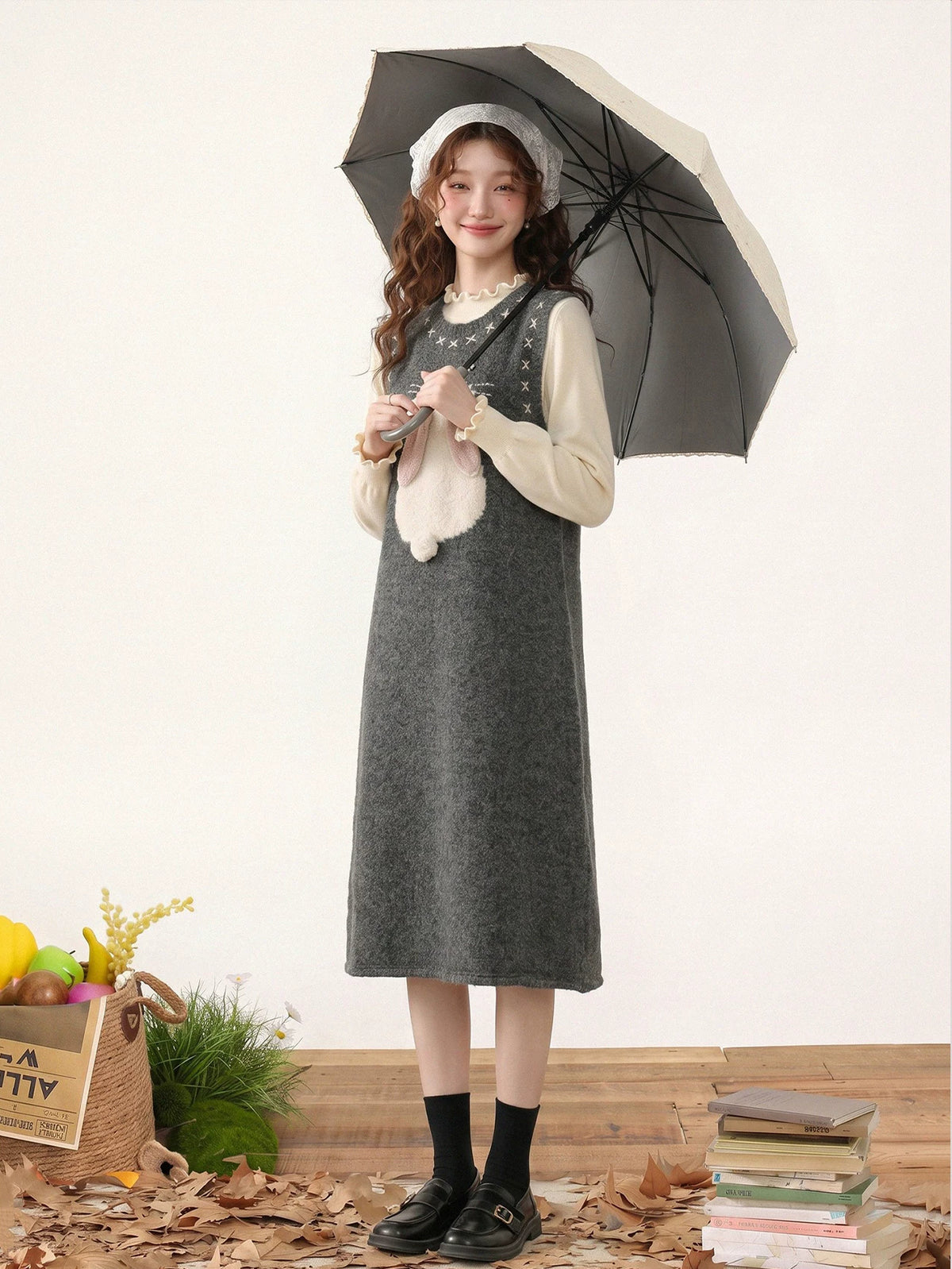 Bunny Tail Sleeveless Sweater Dress (Gray)