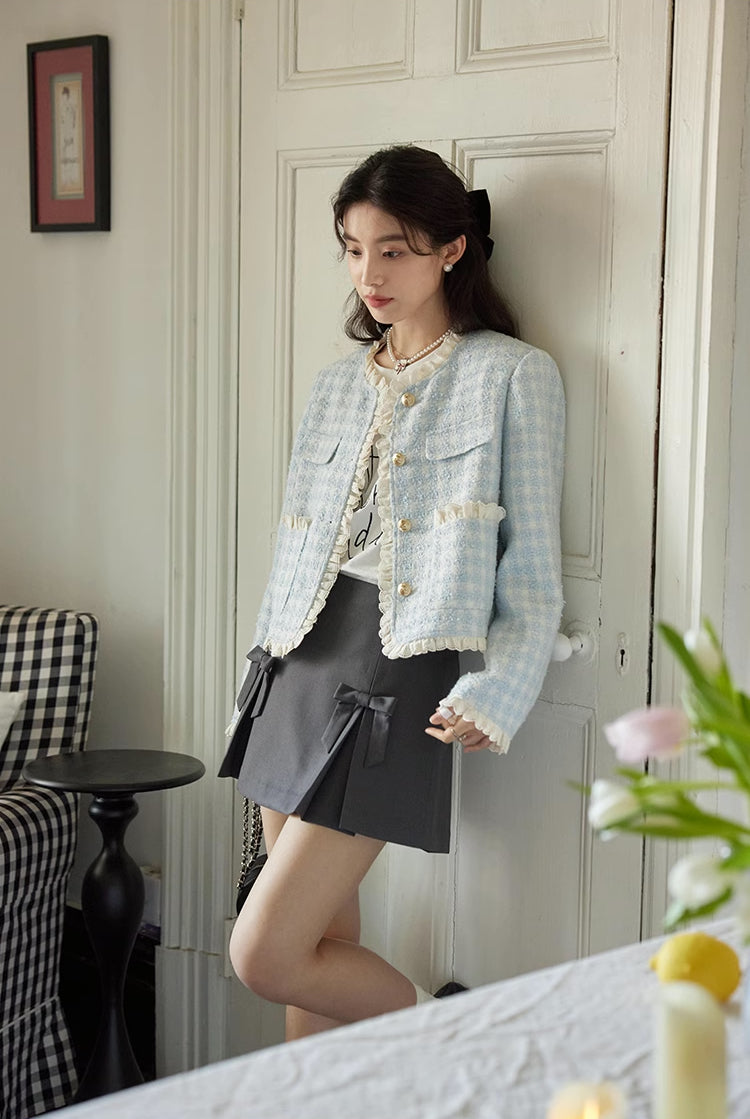 Gingham Lace Trim Tweed Jacket (Blue)