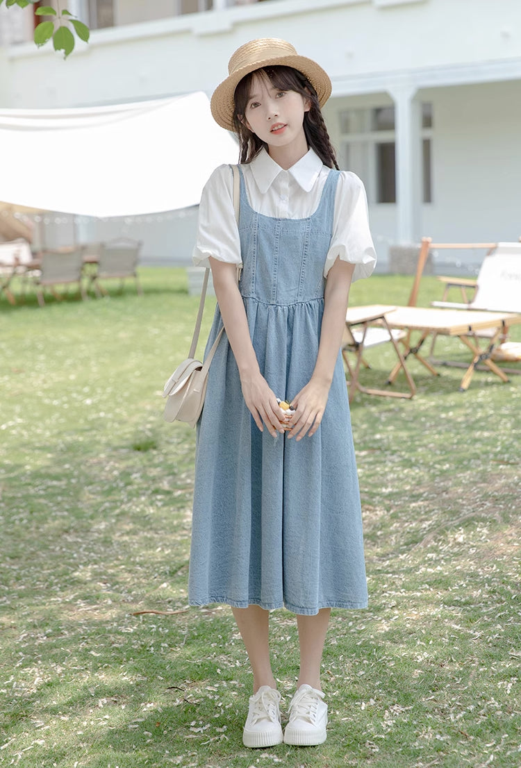 Denim Twofer Midi Dress (Medium Blue) S Denim Twofer Midi Dress (Medium Blue) S