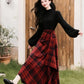 Lingonberry Plaid Asymmetrical Midi Skirt (Red/Black)