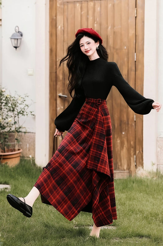 Lingonberry Plaid Asymmetrical Midi Skirt (Red/Black)