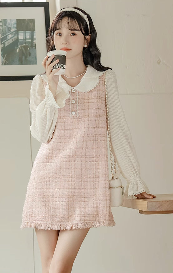 Tweed Plaid Mini Shift Dress (Pink)