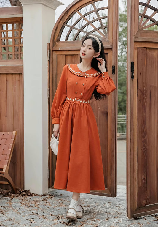 Autumn Floral Shawl Collar Midi Dress (Burnt Orange)