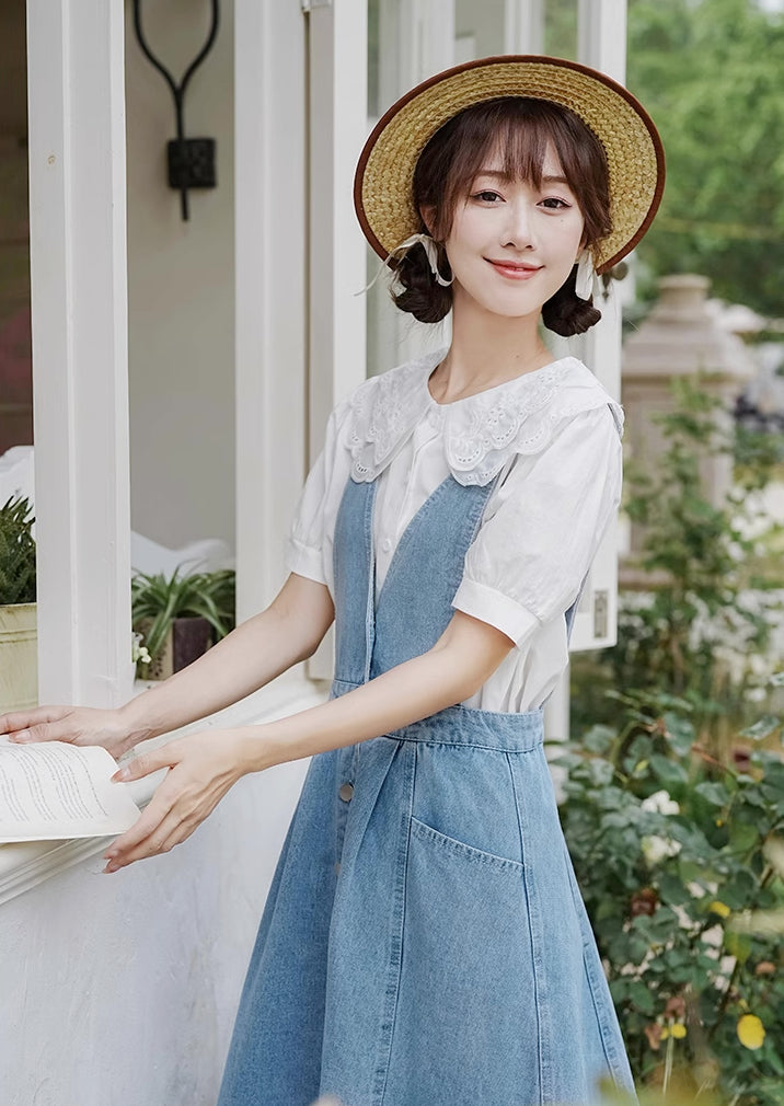 Button Denim Midi Pinafore Dress (Light Blue) – Megoosta Fashion