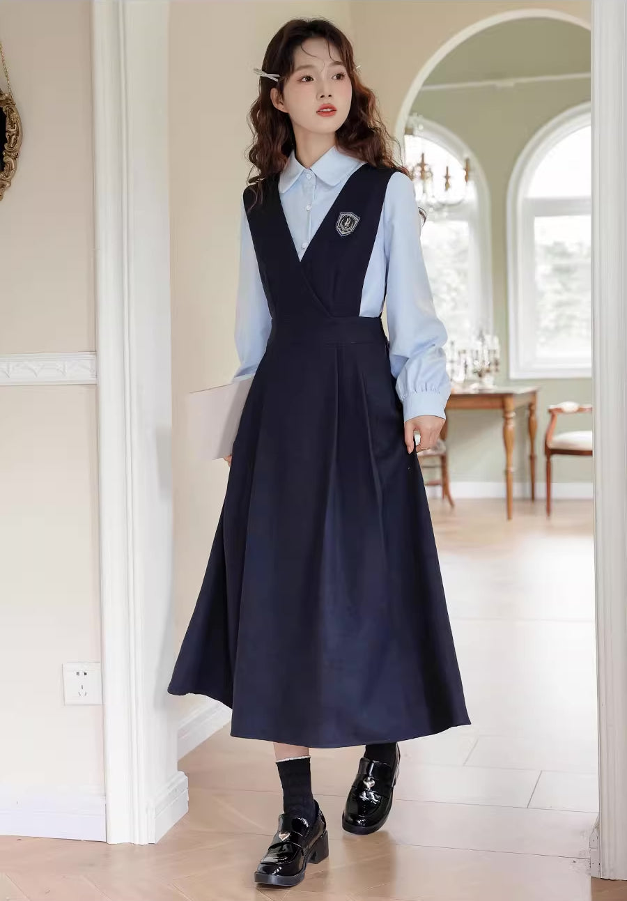 Corduroy Suede Midi Pinafore Dress Blouse Set Navy L