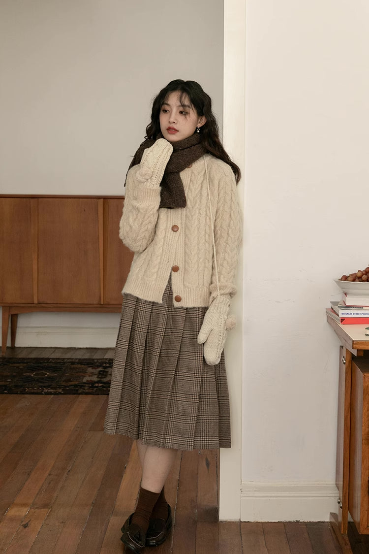 Braided Knit Round Neck Cardigan (Cream)