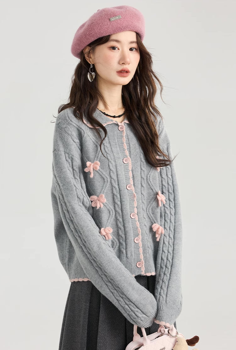 Braided Knit Bows Cardigan (Gray)