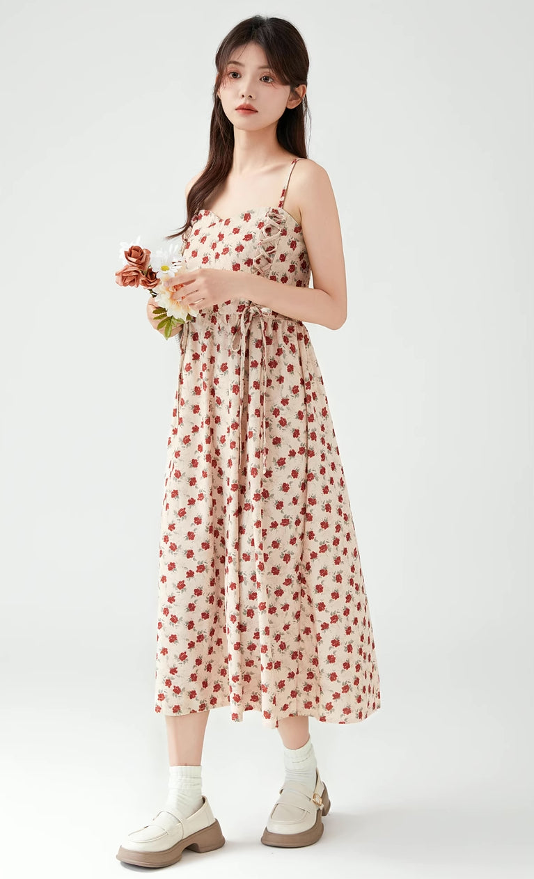 Lace Up Floral Cami Midi Dress (Beige/Red)