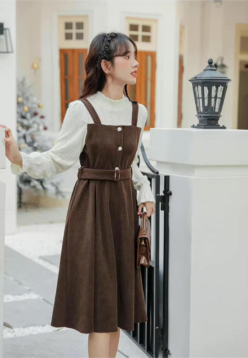 Corduroy Knit Belted Twofer Midi Dress (2 Colors)