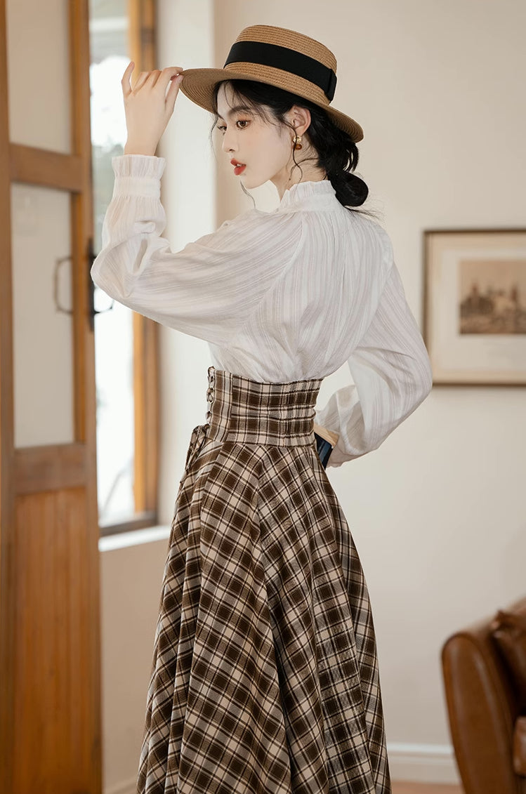 Choco Plaid Midi Skirt (Brown)