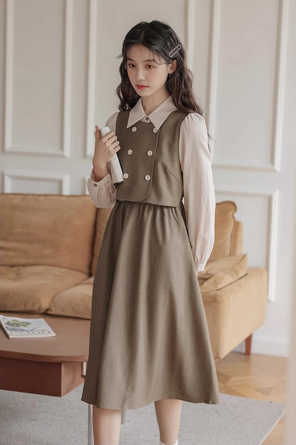 Double Breasted Twofer Midi Dress (Khaki)