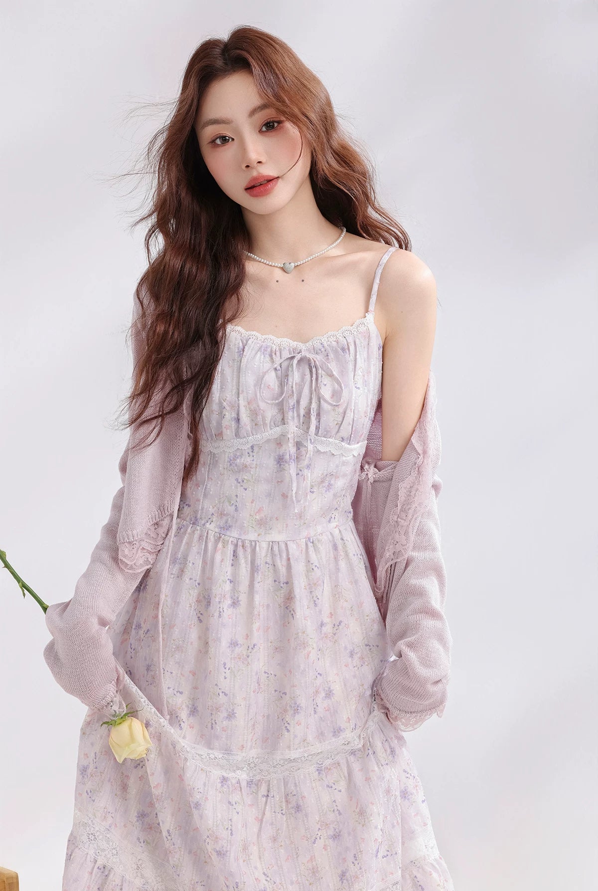 Iris Floral Lace Midi Cami Dress & Cardigan (Purple)