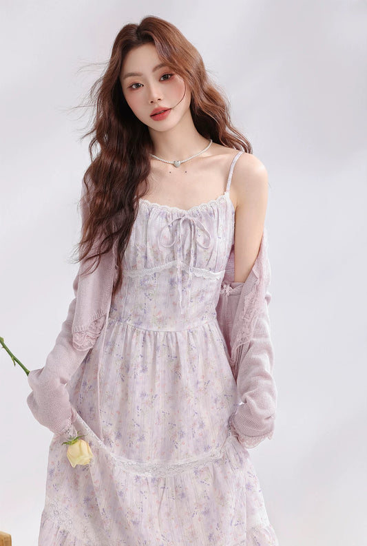Iris Floral Lace Midi Cami Dress & Cardigan (Purple)
