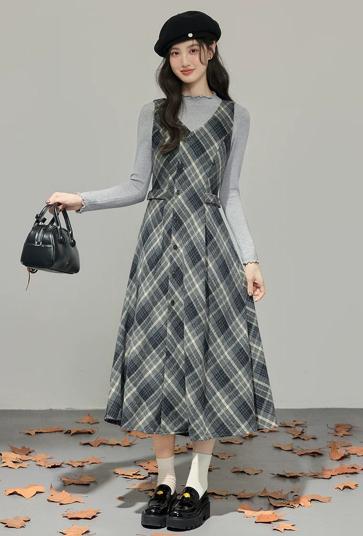 Midnight Plaid Pinafore Midi Dress (Grey)