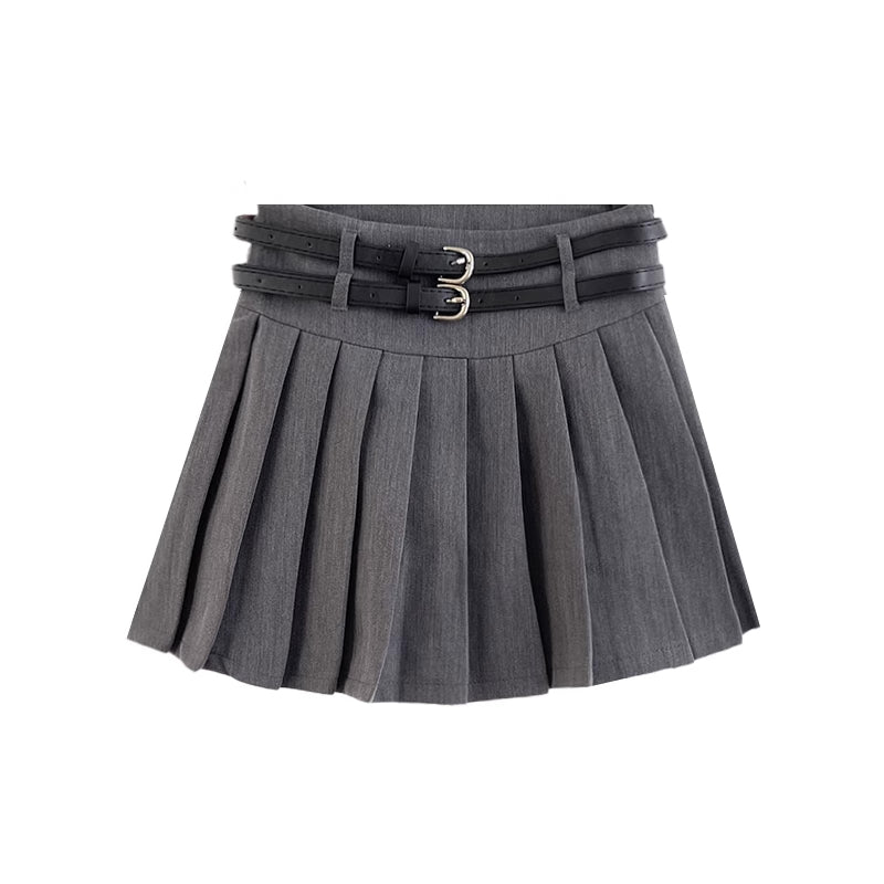 Double Belted Pleated Mini Skirt (5 Colors)