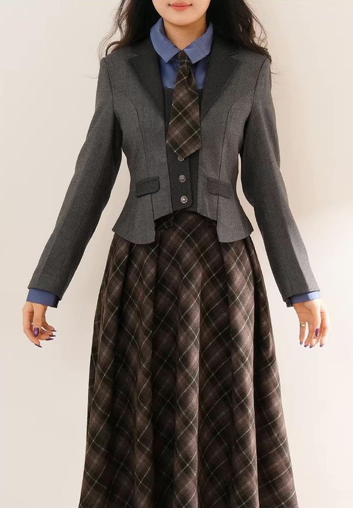 Newsgirl Plaid Suspender Skirt & Blouse Set (2 Colors)