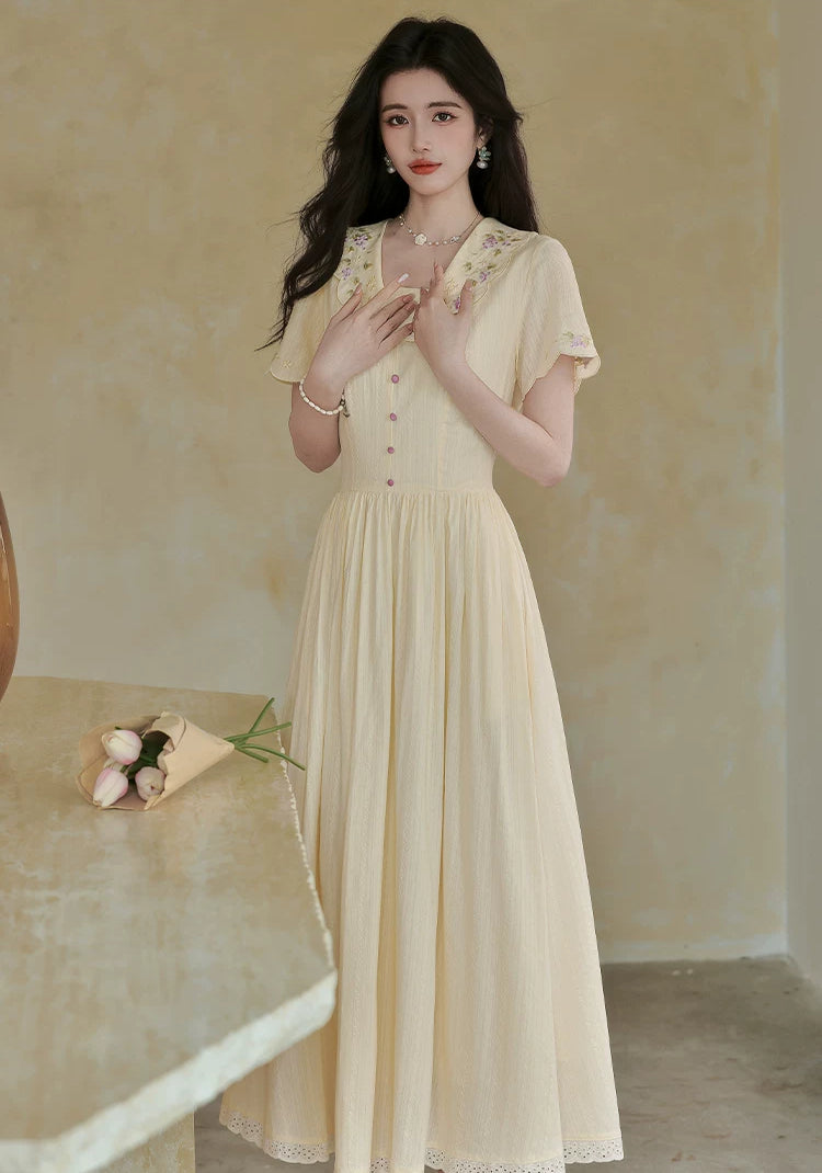Grapevine Scallop Collar Midi Dress (Yellow)