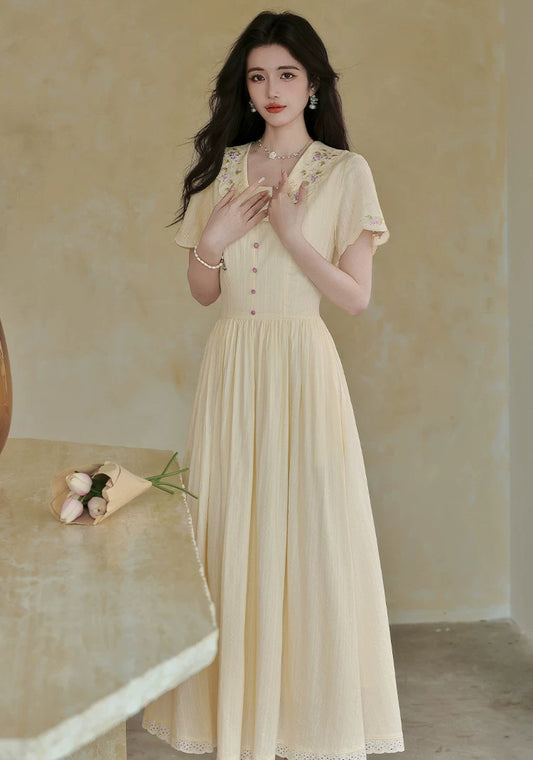 Grapevine Scallop Collar Midi Dress (Yellow)