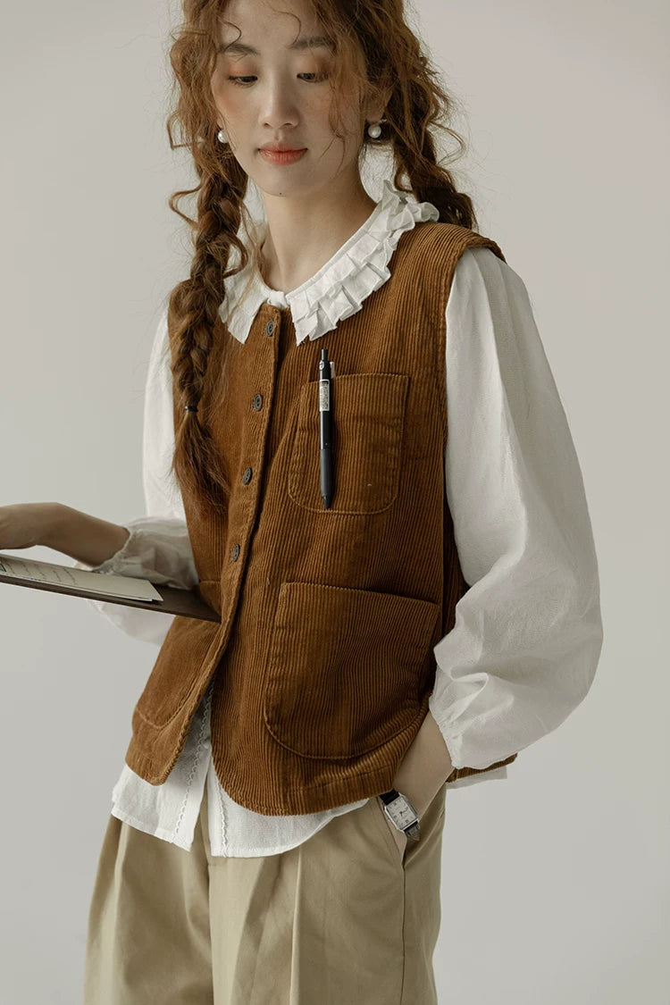 Corduroy Pocketful Vest (Brown)