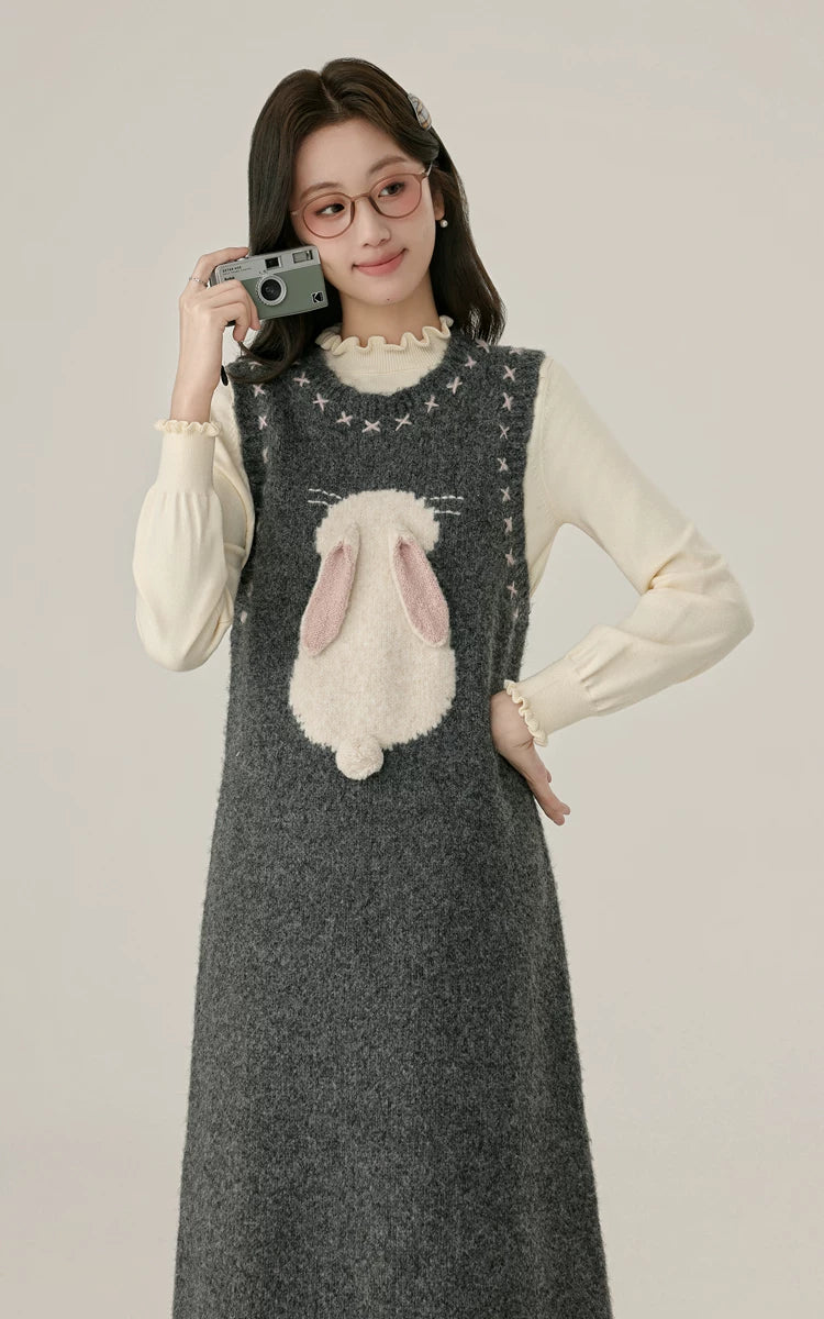 Bunny Tail Sleeveless Sweater Dress (Gray)