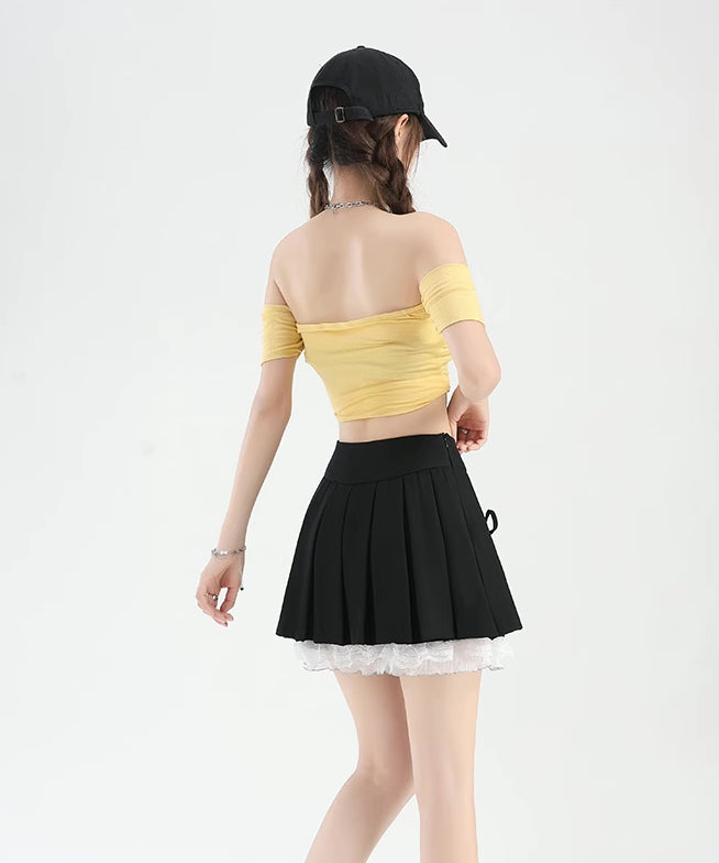 Bow Lace Pleated Mini Skirt (7 Colors)