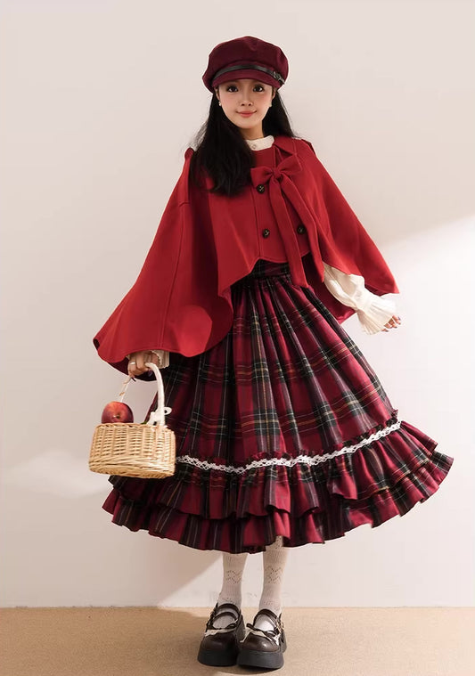 Red Riding Hood Plaid Midi Dress & Capelet (Red)