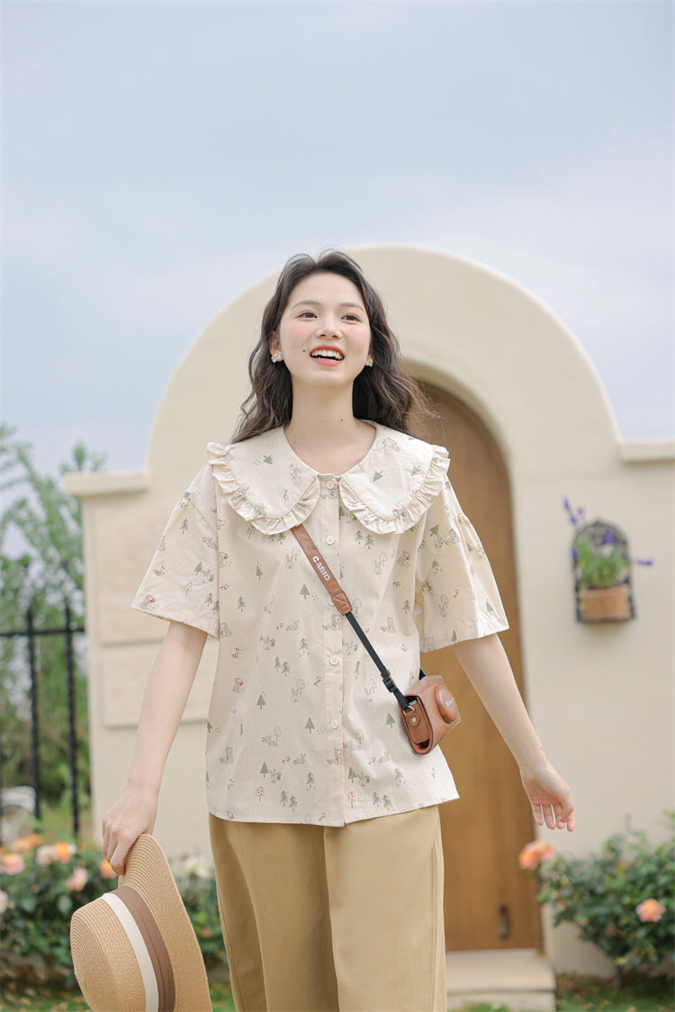 Forest Bunny Button Up Shirt (Beige)