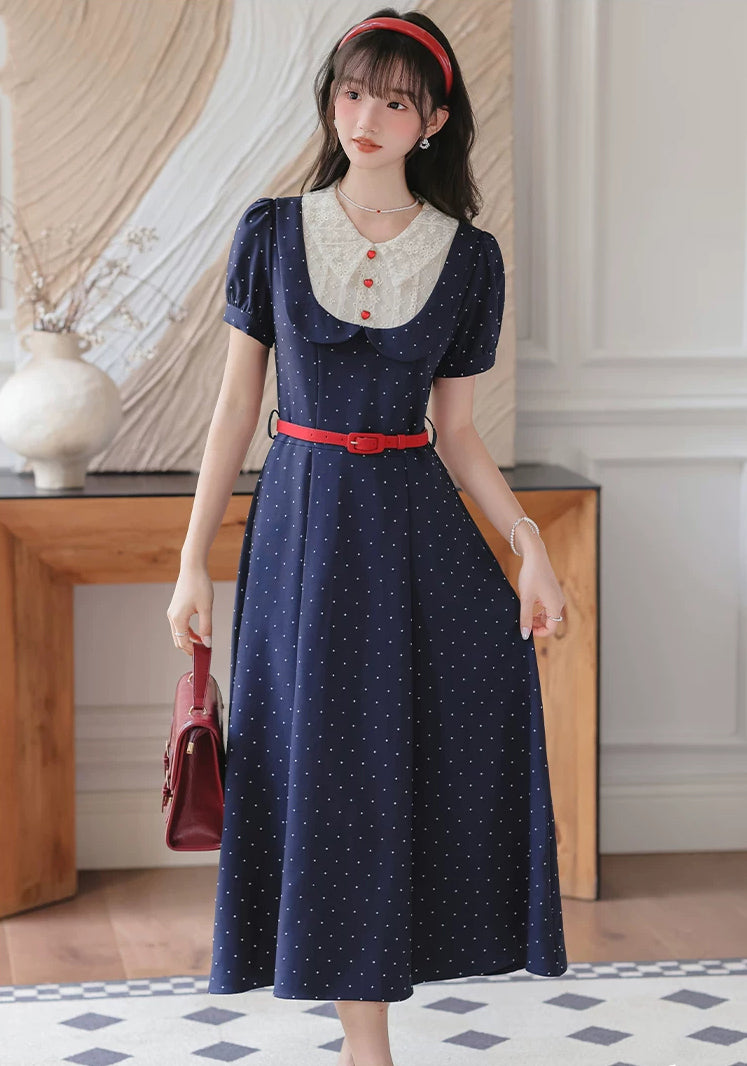 Miss Americana Polka Dot Midi Dress (Navy)
