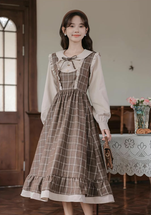 Cocoa Plaid Twofer Midi Dress (Khaki)