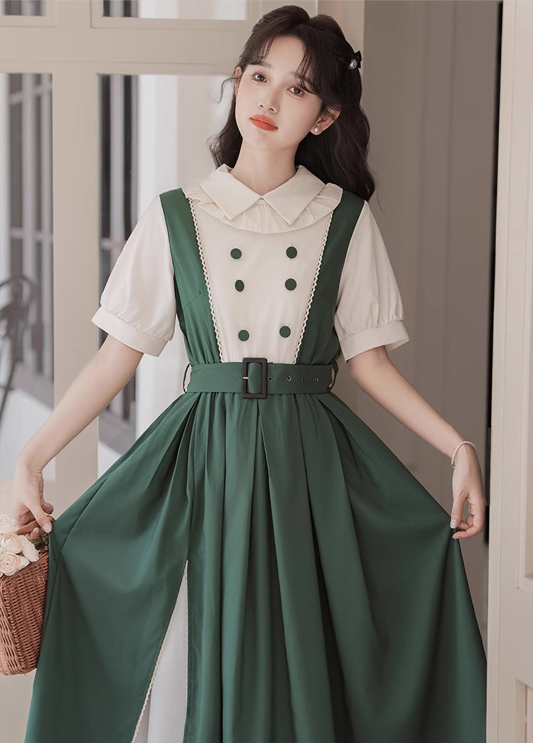 Lolita Short Sleeve Faux Layered Midi Dress (Green)