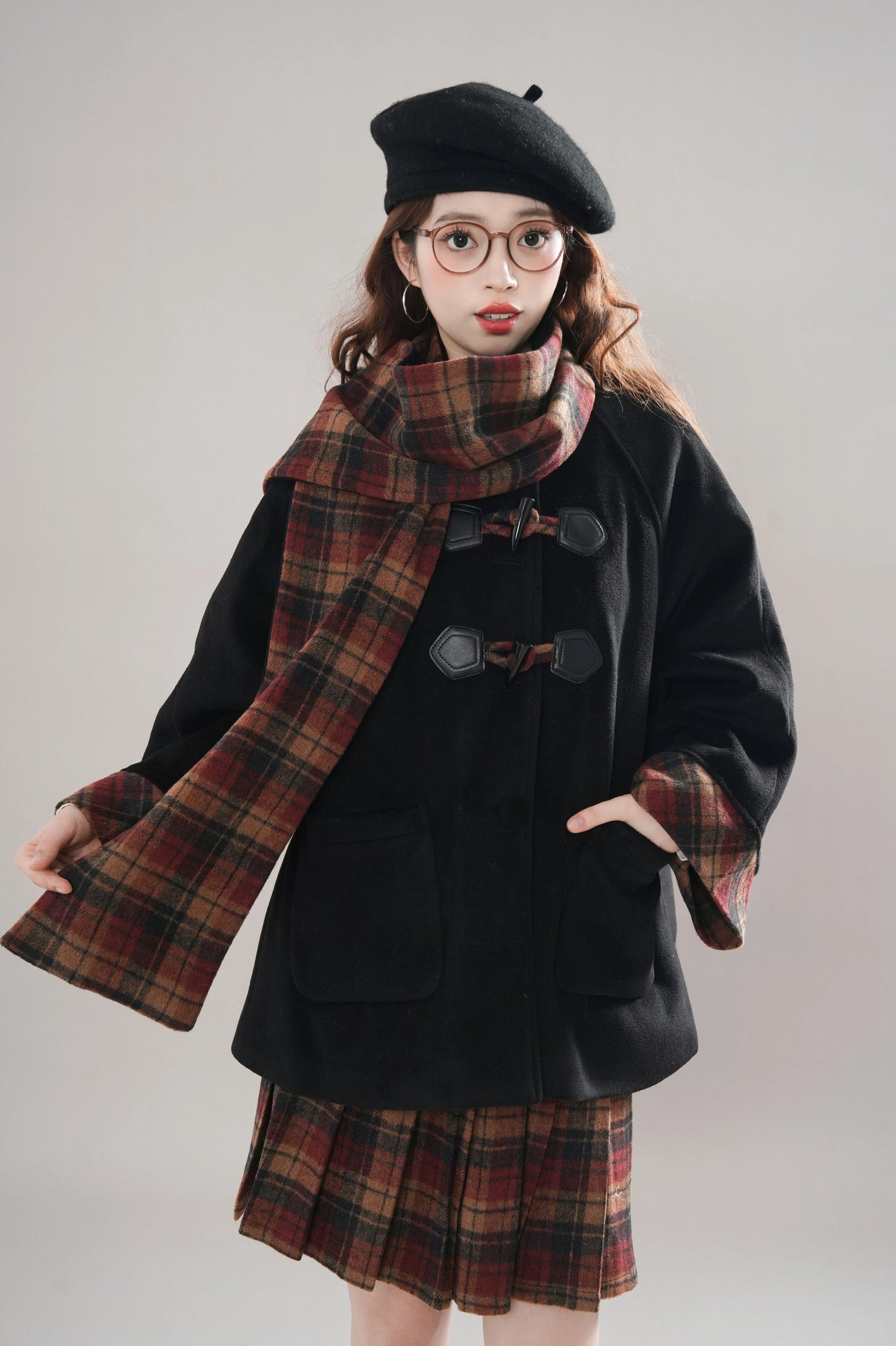 Bookshop Plaid Toggle Jacket & Skirt Set (Black)