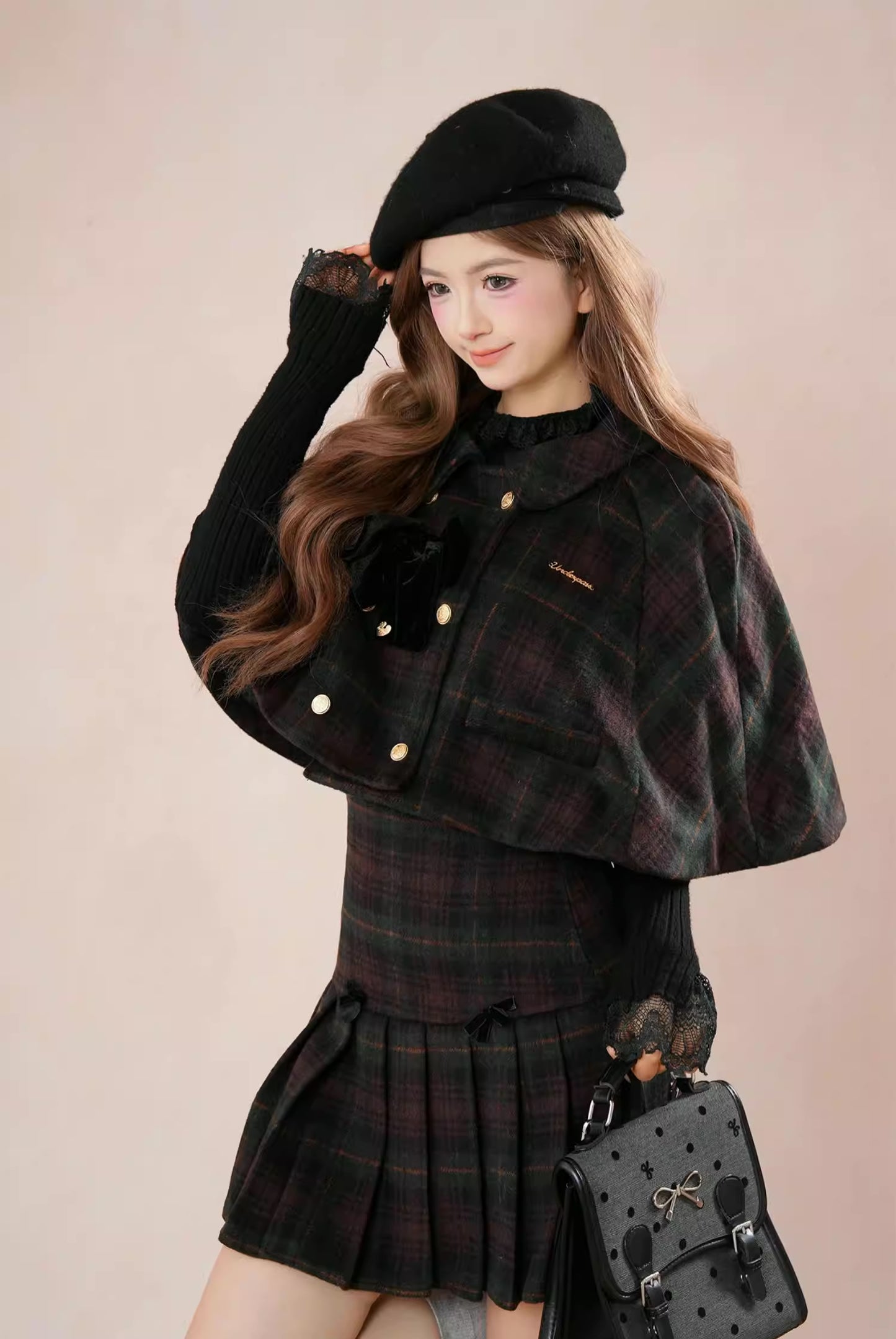 Black Forest Plaid Capelet & Mini Skirt Set (Green/Purple)