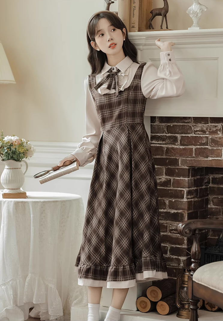 Hazel Plaid Twofer Midi Dress (Brown)