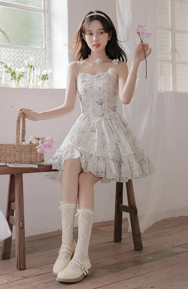 Sweet Floral Mini Dress (White/Purple)