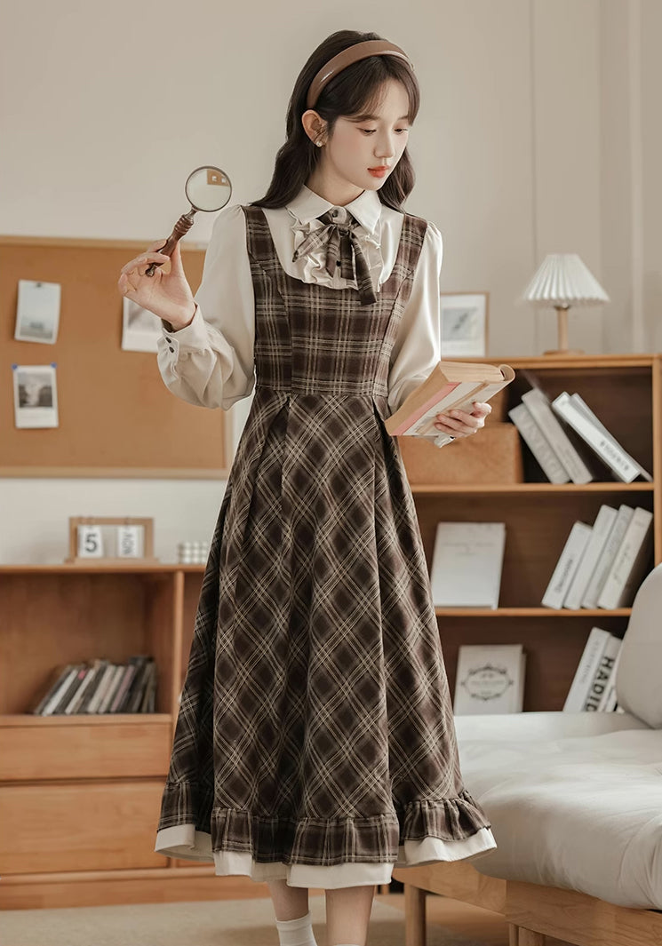 Hazel Plaid Twofer Midi Dress (Brown) L Hazel Plaid Twofer Midi Dress (Brown) L
