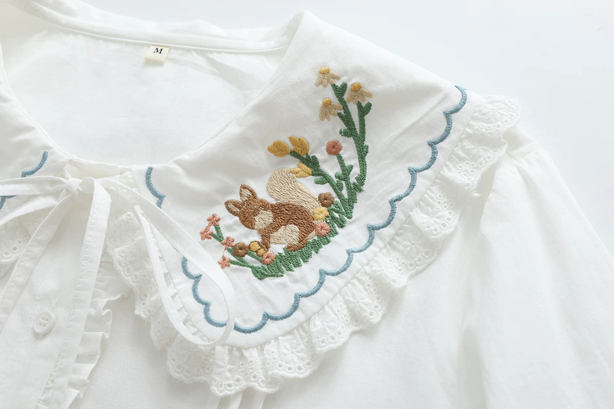 Peek-a-Squirrel Embroidered Blouse (3 Colors)