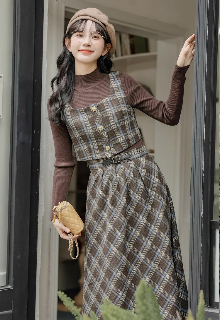 Mint Mocha Plaid Two-Piece Midi Set (Brown)