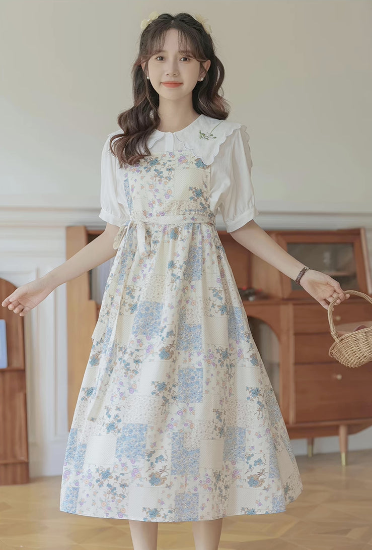 Ditsy Floral Patchwork Apron Dress (White)