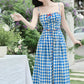 Vintage Gingham Floral Cami Dress (Blue)
