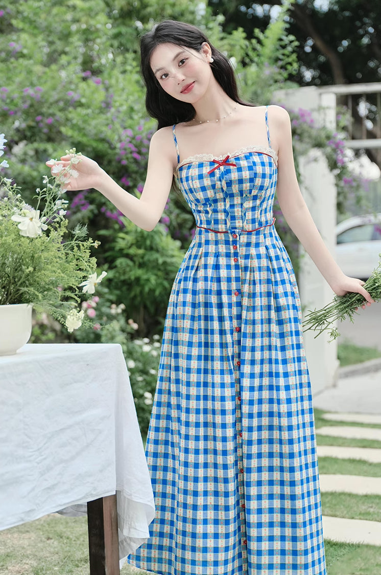 Vintage Gingham Floral Cami Dress (Blue)