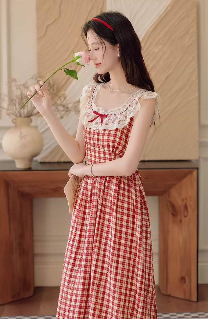 Picnic Plaid Sleeveless Midi Dress (Red)