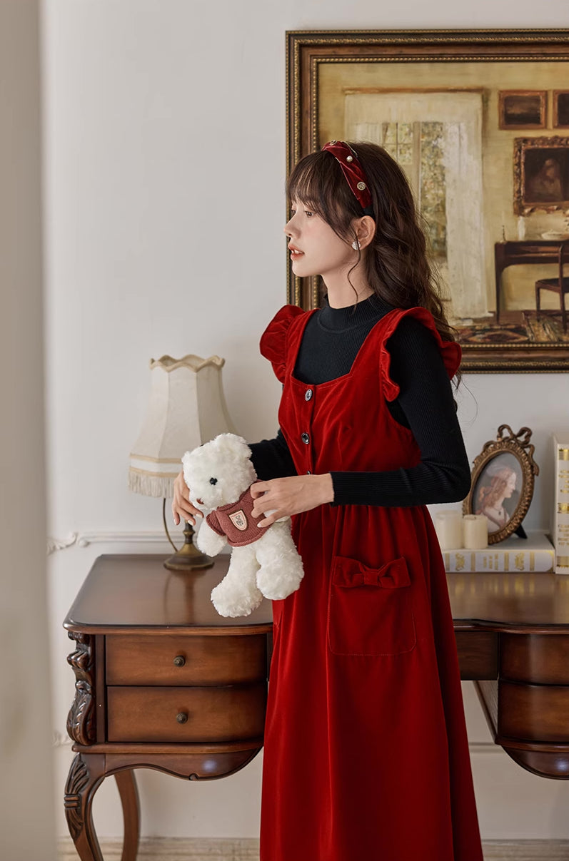 Velvet Frilly Bow Pinafore Dress (Red)