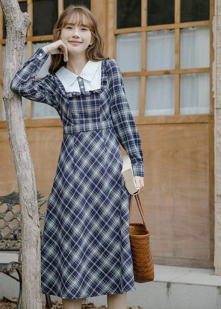 Uni Plaid Midi Dress (Navy)